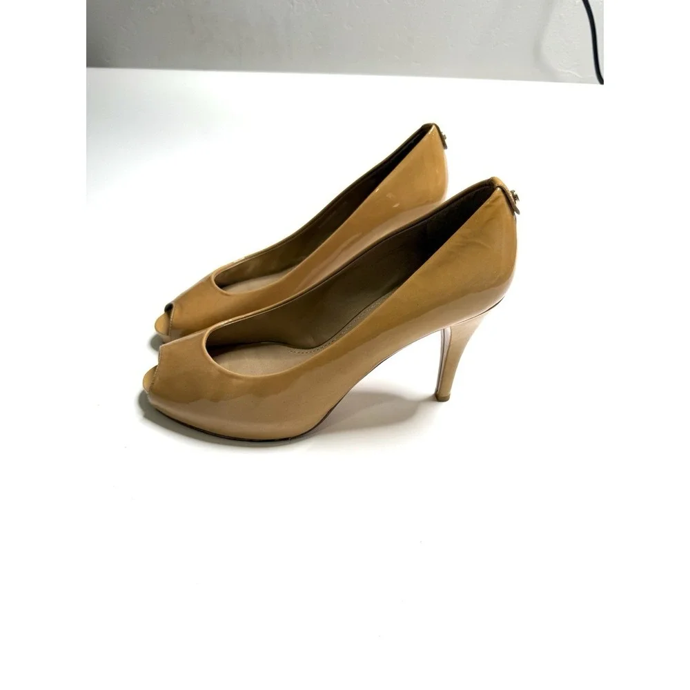 Stuart Weitzman Tan High Heels Peep-Toe Patent Leather Pumps Size 10 Womens‎